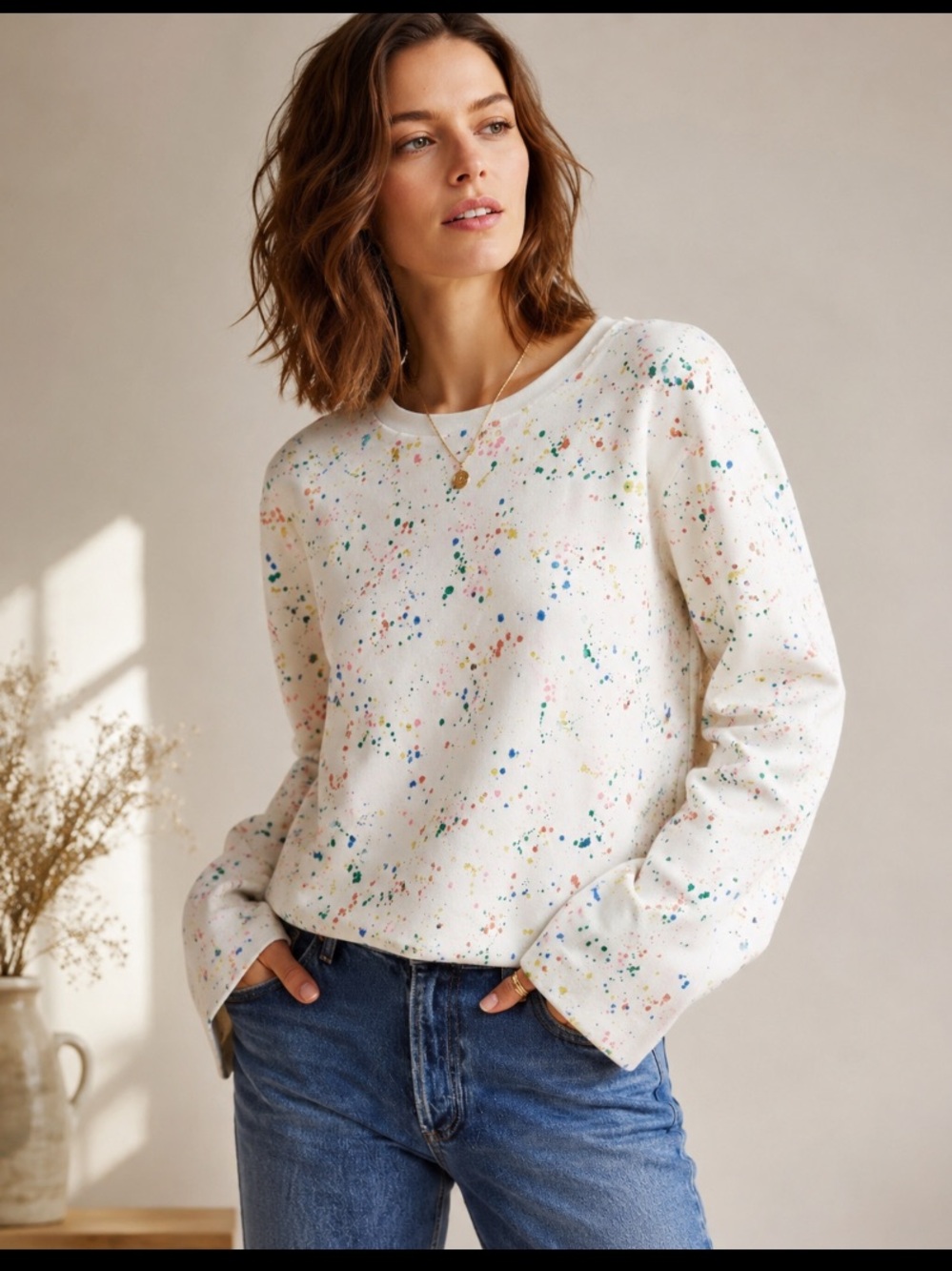 Maeve Anthropologie Jamie Paint Speckled Sweatshirt Bell Sleeve Artsy Large